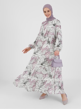 Lilac - Floral - Crew neck - Fully Lined - Modest Dress - Refka