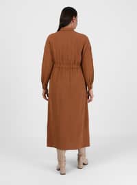 Plus Size Button Detailed Modest Dress Camel