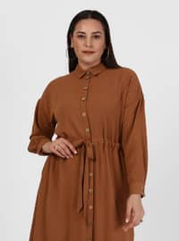 Plus Size Button Detailed Modest Dress Camel