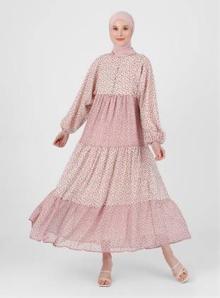 Pink - Floral - Crew neck - Fully Lined - Modest Dress - Refka