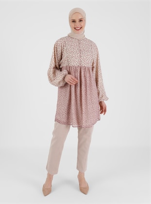 Pink - Floral - Crew neck - Tunic - Refka