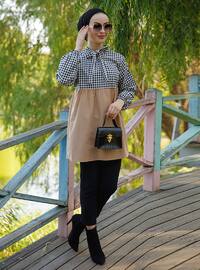Beige - Houndstooth - Polo neck - Cotton - Tunic