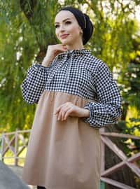 Beige - Houndstooth - Polo neck - Cotton - Tunic