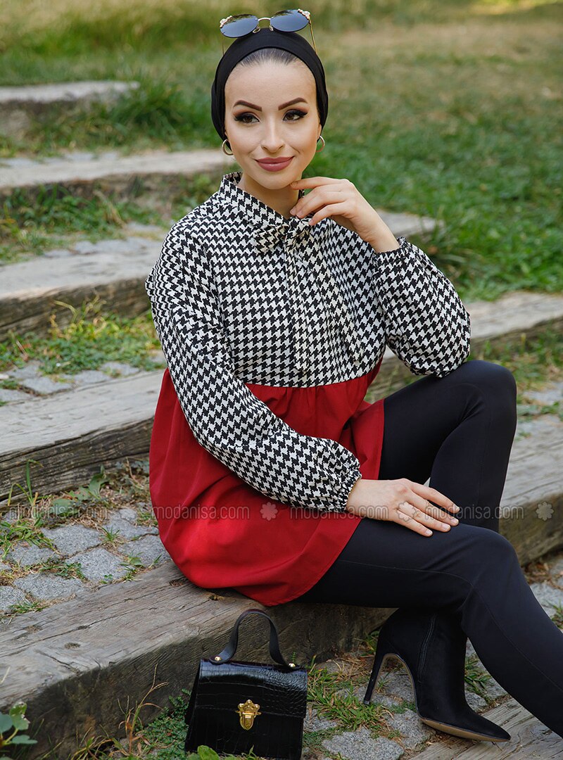 Maroon - Houndstooth - Polo neck - Cotton - Tunic