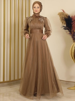 Brown - Fully Lined - Crew neck - Modest Evening Dress - Fashion Showcase Design