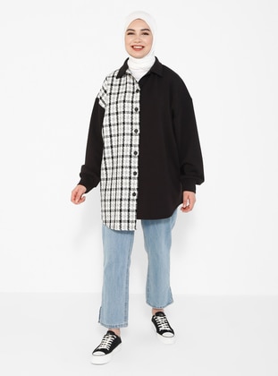 Black - Checkered - Point Collar - Cotton - Tunic - Tavin