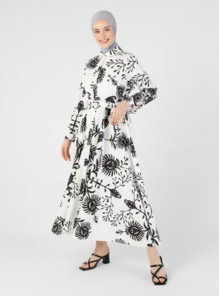Floral Patterned Poplin Shirt Modest Dress Black And White