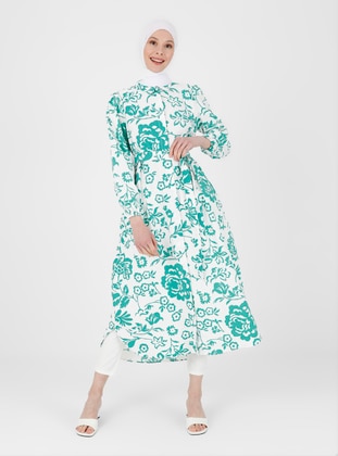 Green - Printed - Point Collar - Unlined - Cotton - Modest Dress - Refka