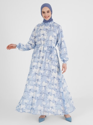 Blue - Floral - Crew neck - Fully Lined - Modest Dress - Refka