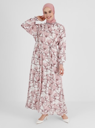 Powder - Floral - Crew neck - Fully Lined - Modest Dress - Refka