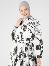 Floral Patterned Poplin Shirt Modest Dress Black And White