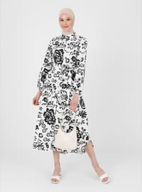Black - Printed - Point Collar - Unlined - Cotton - Modest Dress