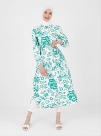 Green - Printed - Point Collar - Unlined - Cotton - Modest Dress