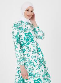 Green - Printed - Point Collar - Unlined - Cotton - Modest Dress