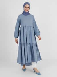 Blue - Crew neck - Cotton - Modest Dress