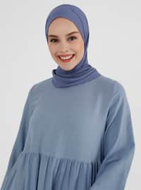 Blue - Crew neck - Cotton - Modest Dress