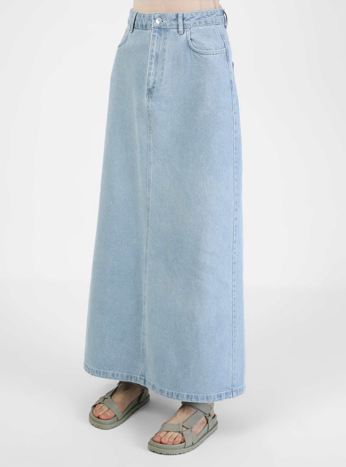 Natural Fabric Contrast Stitching Jeans Skirt Ice Blue