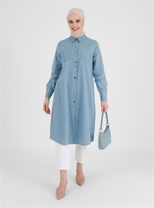 Long Length Denim Tunic Ice Blue With Metal Buttons