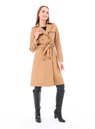 Camel - Fully Lined - Double-Breasted - Trench Coat - Jamila