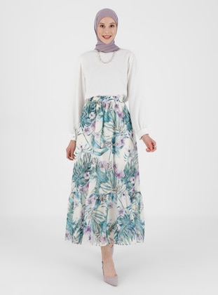 Beige - Purple - Floral - Fully Lined - Skirt - Refka