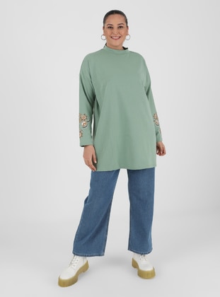 Sea-green - Crew neck - Cotton - Plus Size Tunic - Alia