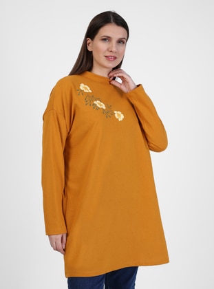 Mustard - Crew neck - Cotton - Plus Size Tunic - Alia