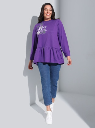 Purple - Printed - Crew neck - Cotton - Plus Size Tunic - Alia