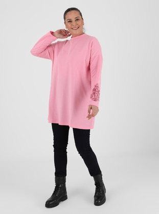 Pink - Crew neck - Cotton - Plus Size Tunic - Alia