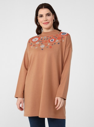 Camel - Crew neck - Cotton - Plus Size Tunic - Alia