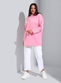 Pink - Crew neck - Cotton - Plus Size Tunic
