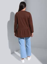 Brown - Printed - Crew neck - Cotton - Plus Size Tunic