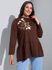 Brown - Printed - Crew neck - Cotton - Plus Size Tunic