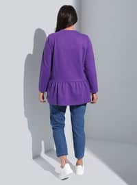 Purple - Printed - Crew neck - Cotton - Plus Size Tunic