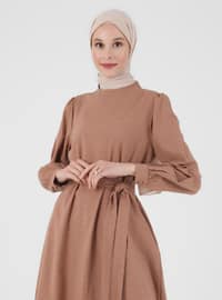 Natural Fabric Belt Detailed Modest Dress Light Brown