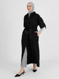 Half Sleeve Cotton Cape With Epaulette Detail Black Coat