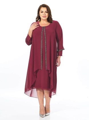 Maroon - Fully Lined - Crew neck - Modest Plus Size Evening Dress - LILASXXL