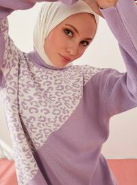 Body And Sleeve Half Leopard Print Slim Fit Trousers & Tunic Knitwear Co-Ord Set Lilac