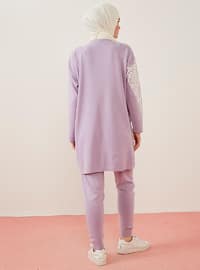 Body And Sleeve Half Leopard Print Slim Fit Trousers & Tunic Knitwear Co-Ord Set Lilac
