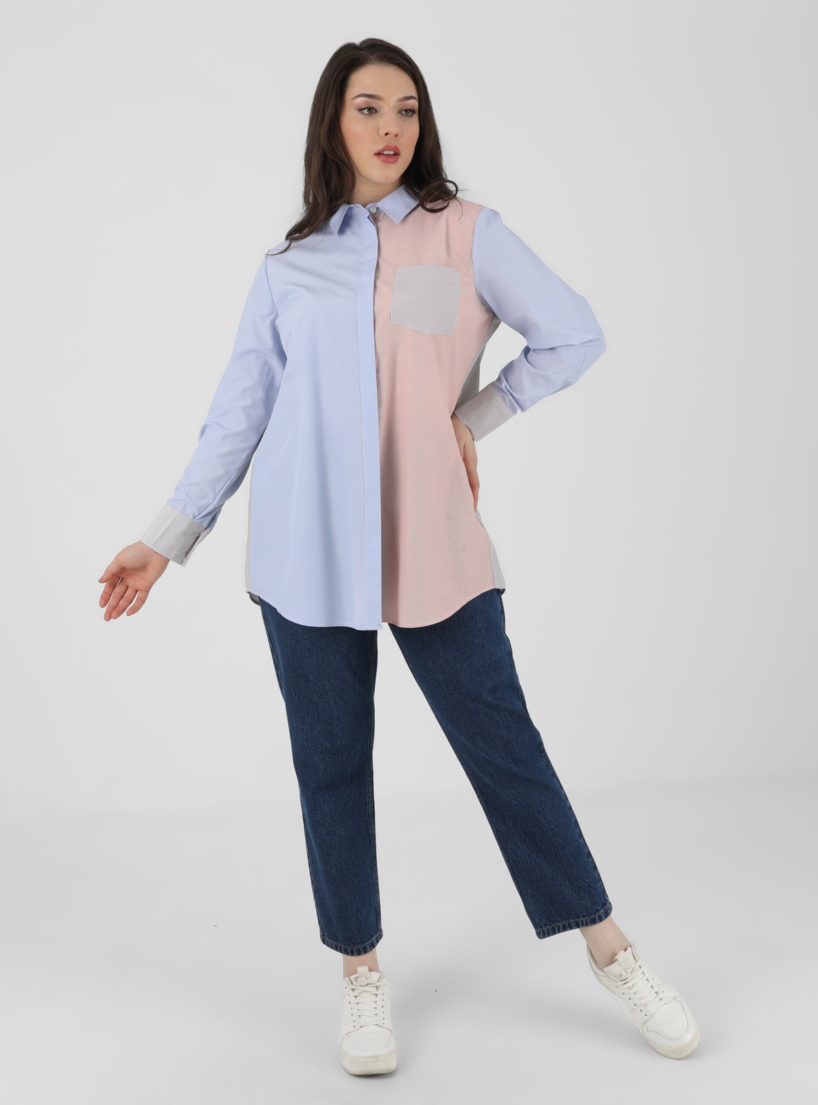 Gray - Blue - Orange - Stripe - Point Collar - Cotton - Plus Size Tunic
