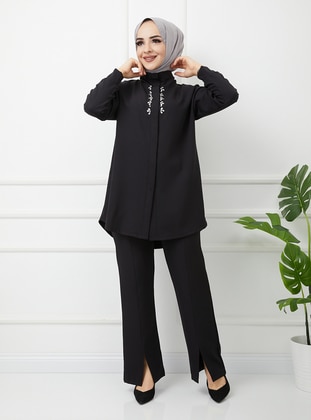 Black - Unlined - Cotton - Polo neck - Suit - Therarebell