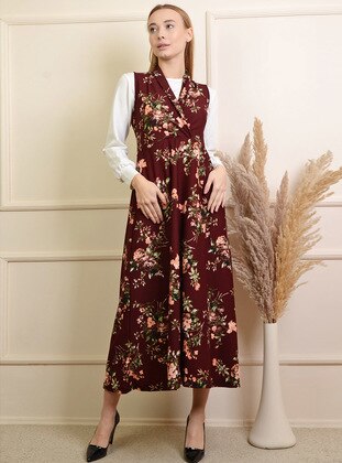 Maroon - Printed - Floral - V neck Collar - Unlined - Cotton - Modest Dress - Pinkmark