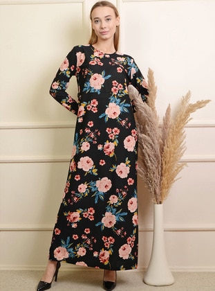 Black - Printed - Floral - Crew neck - Unlined - Cotton - Modest Dress - Pinkmark