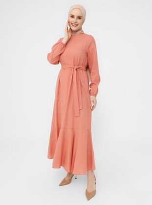 Coral - Crew neck - Unlined - Cotton - Modest Dress - Refka