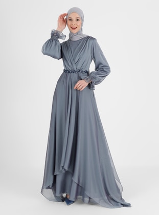 Tulle Hijab Evening Dress Deep Blue With Bead Detailed Waist