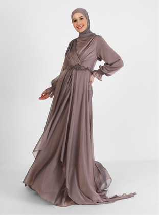 Tulle Hijab Evening Dress With Bead Detailed Waist Mink