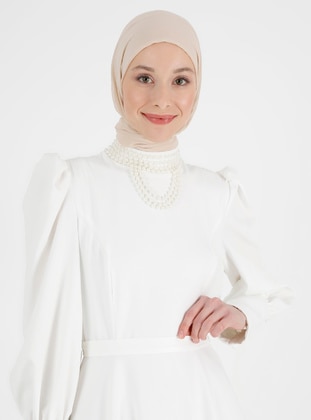 White - Fully Lined - Crew neck - Modest Evening Dress - Refka
