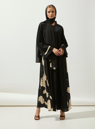 Black - Floral - Unlined - V neck Collar - Abaya - AL SHEIKHA