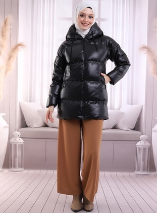 Artificial Leather Puffer Coat Black
