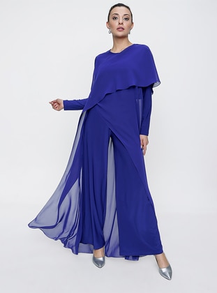 Long Sleeve Top Chiffon Lycra Hijab Evening Dress Jumpsuit Sax