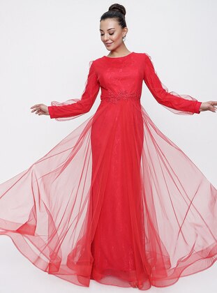 Red - Fully Lined - Crew neck - Modest Evening Dress - By Saygı
